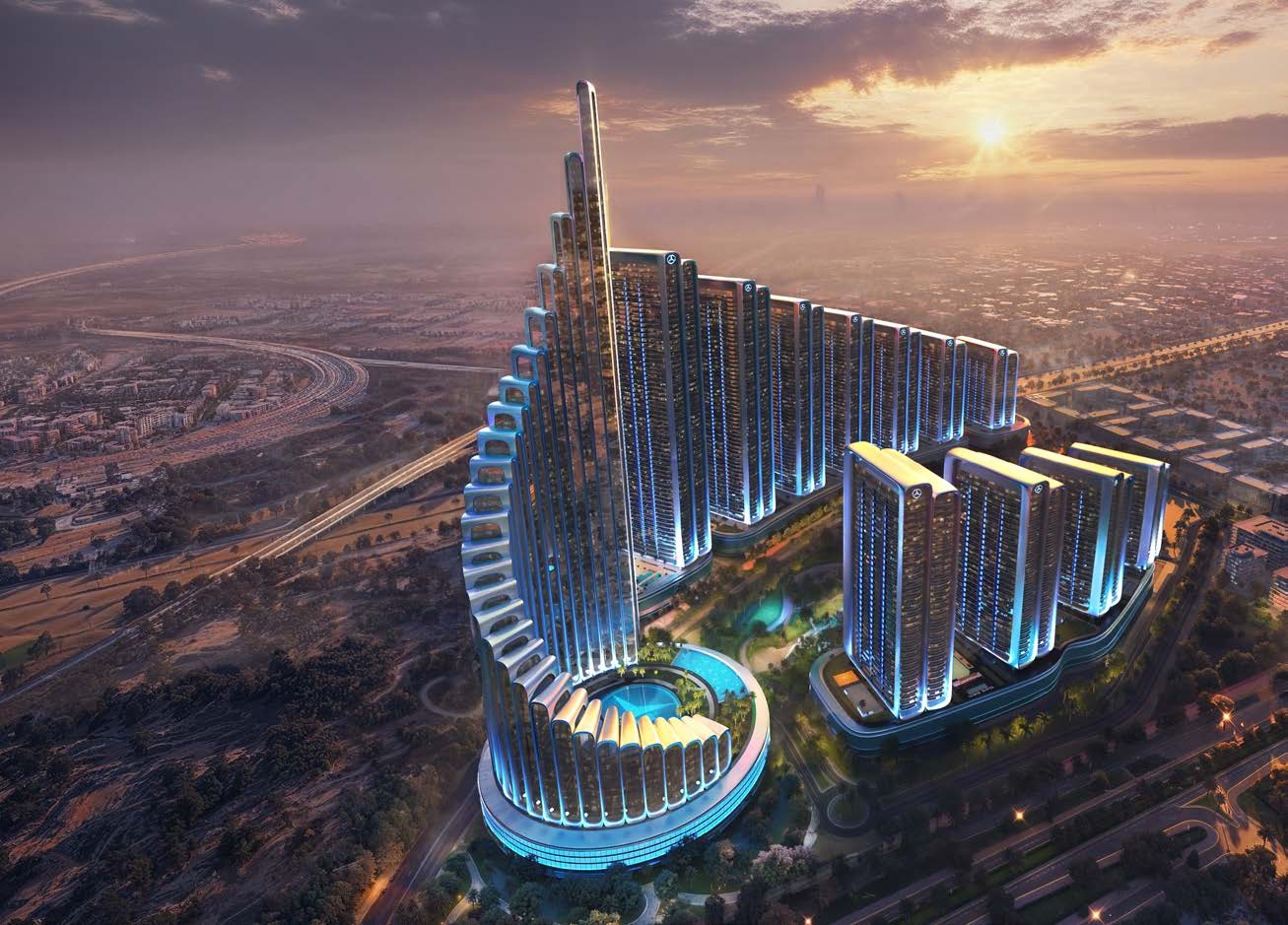 Mercedes-Benz Places Dubai aerial perspective at sunset