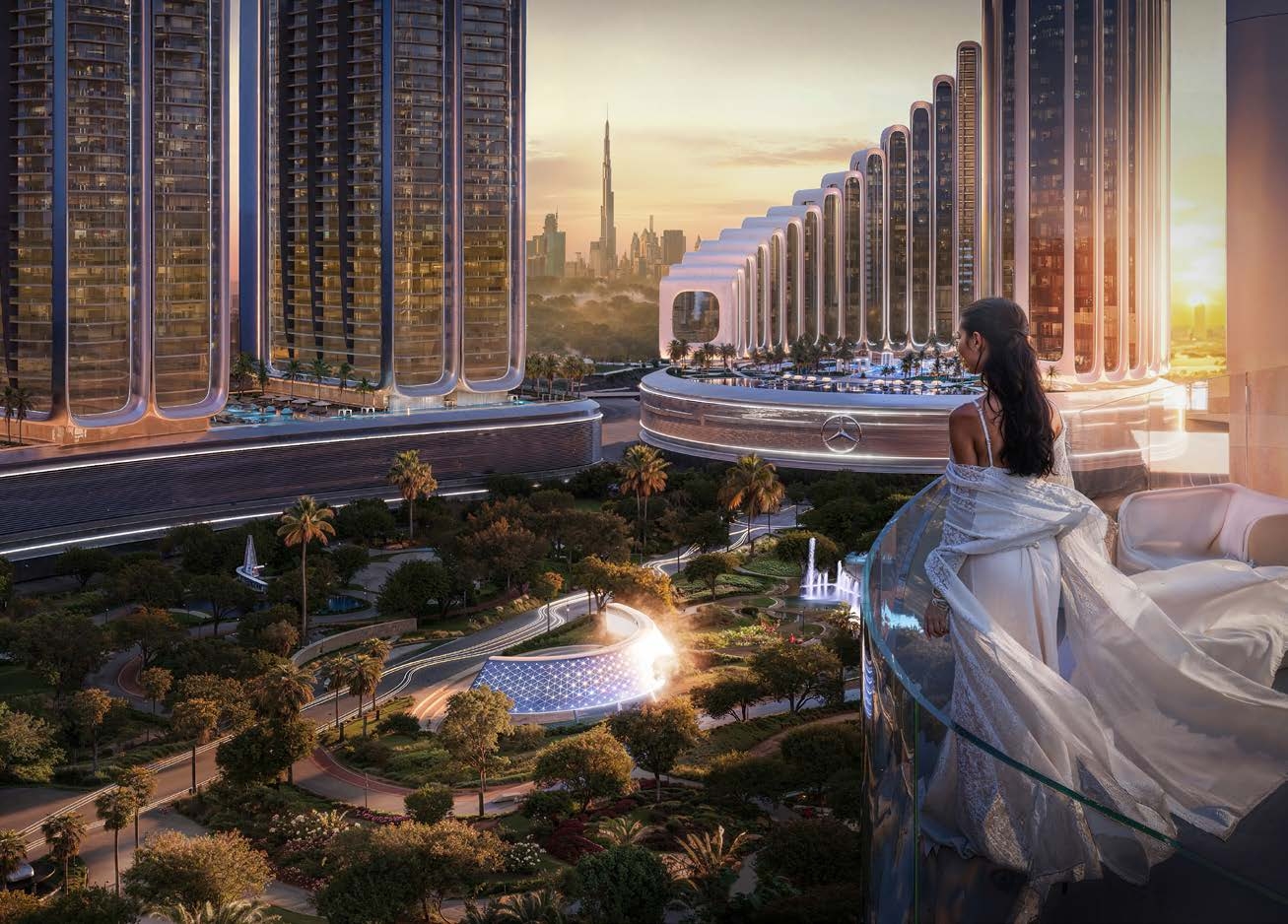 Mercedes-Benz Places Binghatti City - Balcony view overlooking the Mercedes-Benz branded towers with Dubai skyline