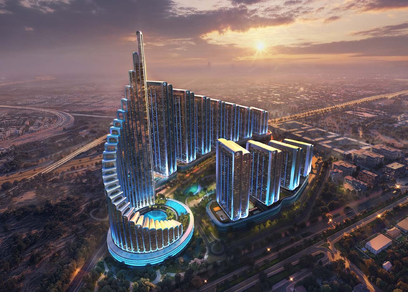 Binghatti Mercedes City sunset aerial view showcasing tower architecture