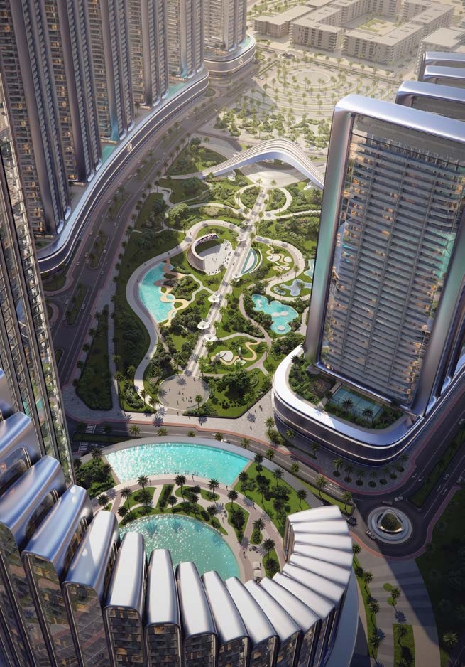 Mercedes-Benz Places landscaped promenade and gardens aerial view